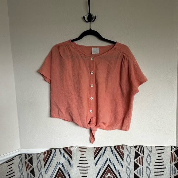 Vintage Peach cropped linen beach summer button up shirt top tie front M SMC - Picture 1 of 6